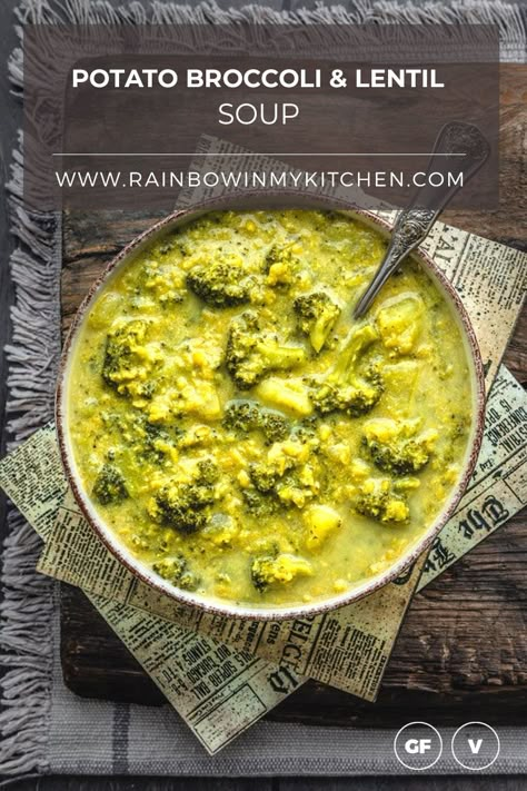 Potato Broccoli & Lentil Soup Spinach Lentil Soup, Lentil Potato Soup, Potato Broccoli, Vegetarian Soups, Winter Soup Recipe, Broccoli Soup Recipes, Broccoli Soup, Lentil Recipes, Broccoli Recipes