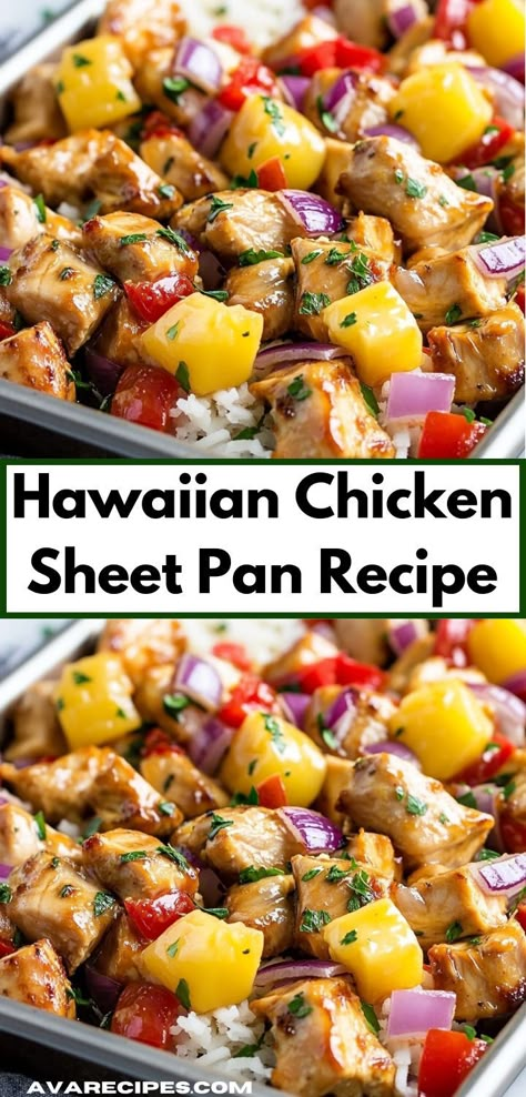 Enjoy the vibrant flavors of the tropics with this easy Hawaiian Chicken Sheet Pan Recipe. Juicy chicken is paired with fresh vegetables and sweet pineapple, all baked together for a delightful dinner. Easy Hawaiian Chicken, Chicken Sheet Pan Recipe, Sheet Pan Meals Chicken, Chicken Sheet Pan, Chicken Casserole Recipes, Chicken Dinner Ideas, Sheet Pan Dinners Recipes, Pan Recipe, Hawaiian Chicken