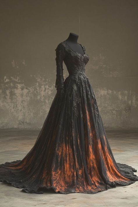 Vampire Ball Gown, Masquerade Gowns, Gown Aesthetic, Villain Dresses, Celestial Dress, Royalty Dress, Frozen Rose, Fantasy Outfits, Orange Dresses