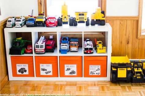 Our Play Space:An Inviting Organised Playroom | Childhood101 Toy Organizer Ikea, Fun Playroom Ideas, Toy Room Organization, Truck Organization, Toy Car Storage, Diy Toy Storage, Storage Labels, Boy’s Room, Playroom Organization