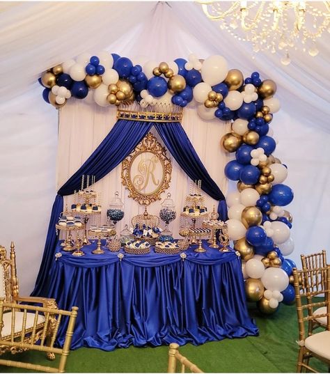 Royal Court Party Theme, Royal Baby Shower Theme Boy, Blue And Gold Party Decorations, Royal Prince Baby Shower Theme, Blue And Gold Backdrop, Crown Backdrop, Royal Baby Shower Boy, Royal Prince Birthday Party, 15th Birthday Decorations