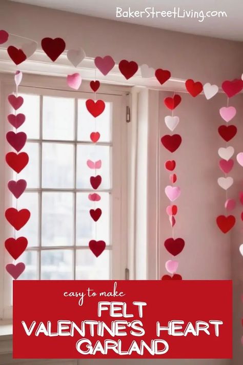 Easy DIY Felt Valentine's Heart Garland - Baker Street Living Diy Felt Garland, Garlands Diy, Felt Glue, Heart Template, Heart Cut Out, Heart Garland, Diy Felt, Felt Heart, Felt Garland