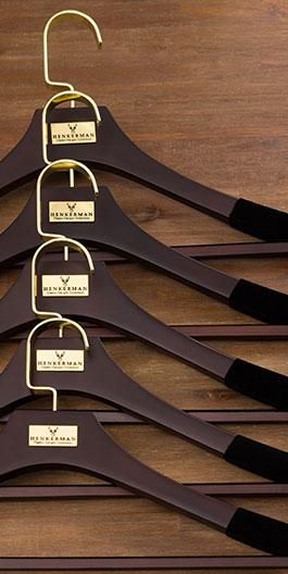 Henkerman hangers.  Our matching men's and women's solid wood clothes hangers will care for any coat, pant, shirt and skirt lovingly whilst make your wardrobe look stunning. Hotel Hanger, Wooden Clothes Hanger, Handmade Hanger, Hangers Clothes, Wooden Closet, Luxury Packaging Design, Clothing Store Design, Shirt And Skirt, Clothes Closet Organization