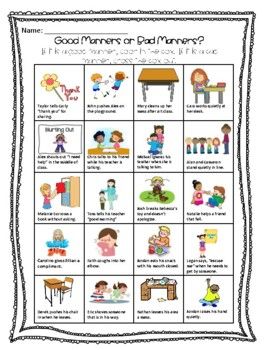 This activity allows students to explore the differences between good and bad manners in a school setting. Students will color in the boxes that are good manners, and cross out the boxes that are bad manners. Great for Pre-K, K, or 1st grade. Manners Worksheet, Diversity Projects, Good Manners For Kids, Manners Activities, Bad Manners, Manners For Kids, Happy Minds, Good Manners, Emotional Resilience