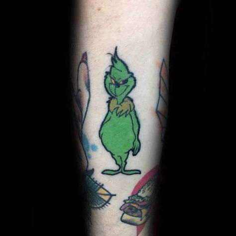 Grinch Tattoos Ideas, Disney Men Tattoo, Dr Seuss Tattoo Ideas, Dr Seuss Tattoo, The Grinch Tattoo, Grinch Tattoo, Unless Tattoo Dr. Seuss, Disney Pixar Tattoos Sleeve, Dr Suess Characters