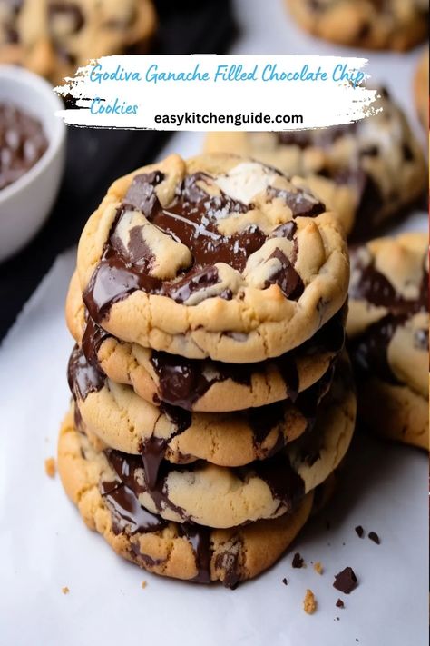 Godiva Ganache Filled Chocolate Chip Cookies Ganache Filled Cookies, Filled Chocolate Chip Cookies, Godiva Chocolate, Ganache Recipe, Filled Cookies, Chocolate Chip Recipes, Yummy Desserts, Sweet And Salty, Christmas Treats