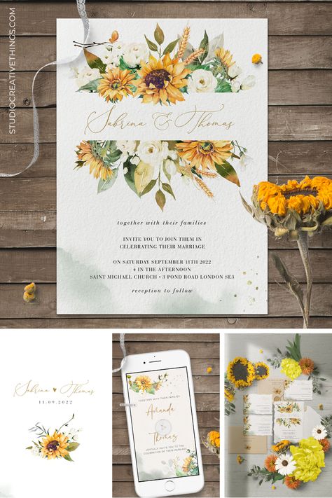 If you are planning a rustic sunflower wedding our Marisol collection is the perfect choice! Surprise your guests with this unique sunflower theme rustic wedding collections. Pin This + Click Through to explore the collections and find all matching items available for your Rustic Sunflowers wedding collection! Fall Sunflower Wedding Invitations, Wedding Invitations With Sunflowers, Sunflower Wedding Stationery, Sage And Sunflower Wedding Theme, Wedding Invitation Sunflower, Subtle Sunflower Wedding, Sunflower Invitations Wedding, Wedding Theme Sunflowers, Sage And Sunflower Wedding