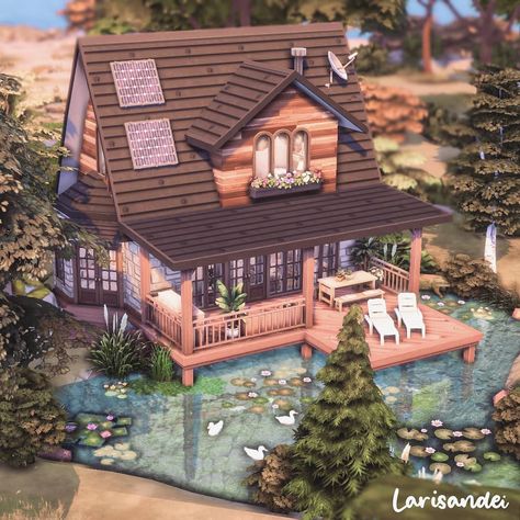 Sims 4 Modern Cottage House, Sims 4 Houses Industrial, Lake House Sims 4, Sims 4 Base Game House Cottage, Sims 4 Lake House Floor Plan, Sims 4 Lake House, House By A Lake, Sims 4 Lake Cabin, Sims 4 Cottage House