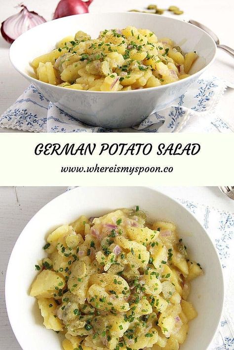 Typical German potato salad made with a broth, oil and vinegar dressing. This Swabian potato salad is perfect to serve with Wiener schnitzel or Jägerschnitzel. #whereismyspoon #potatosalad #germanpotatosalad #potatosaladrecipe #germanrecipes Potato Salad Recipe With Vinegar, Austrian Potato Salad, German Recipes Dinner, Bavarian Potato Salad, Vinegar Potato Salad, Authentic German Potato Salad, Oil And Vinegar Dressing, German Potato Salad Recipe, Potato Salad Dill