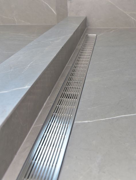 Kitchen Floor Drain Ideas, Linear Shower Drain Master Bath, Bathroom With Floor Drain, Bathroom With Drain In Floor, Shower Drains Ideas, Long Shower Drain, Linear Drain Shower Floor, Shower Floor Tile Non Slip, Bathroom Drainage Floor Drains