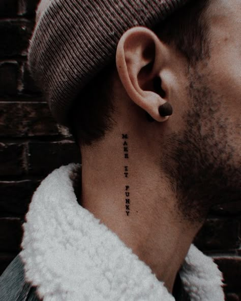 Word Neck Tattoos, Back Of Neck Tattoo Men, Vertical Tattoo, Tattoo On Neck, Small Neck Tattoos, Side Neck Tattoo, Small Chest Tattoos, Christian Sleeve Tattoo, Neck Tattoo For Guys