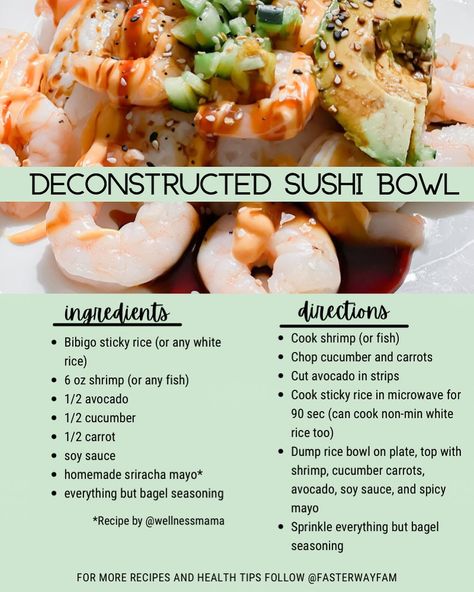 Deconstructed Sushi Bowl, Shrimp Sushi Rolls, Shrimp Sushi Bowl, Deconstructed Sushi, Inflammation Diet Recipes, Sushi Bowl Recipe, Cooking Avocado, Veggie Diet, Shrimp Sushi