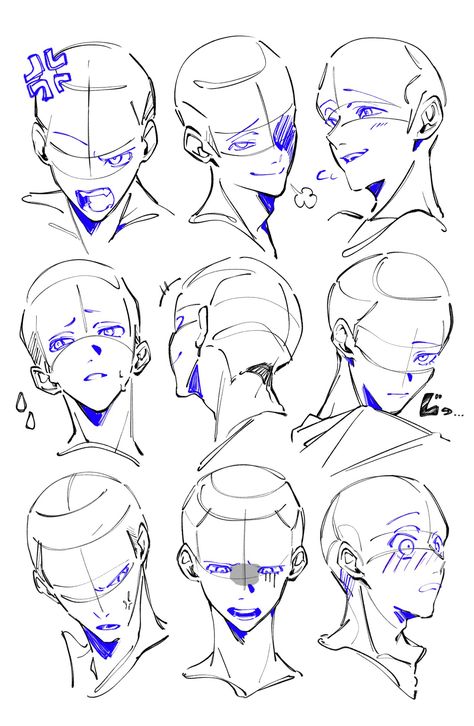 Head Up Looking Down Reference, Expressive Art Reference, Head Profile Reference Drawing, Hair Anotamy, Anime Face Expressions Manga, Head Poses Sketch, Manga Facial Expressions Reference, Upturned Head Reference, Art Base Head