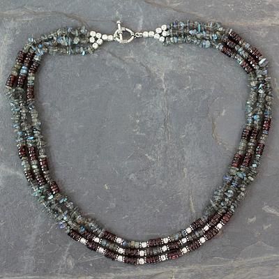 UNICEF Market | Multi-Strand Handcrafted Garnet and Labradorite Necklace - Morning Mist Garnet Bead Bracelet, Multi Strand Beaded Necklace, Beaded Necklace Patterns, Morning Mist, Labradorite Necklace, Necklace Patterns, Garnet Necklace, Labradorite Necklaces, Sterling Silver Dangle Earrings