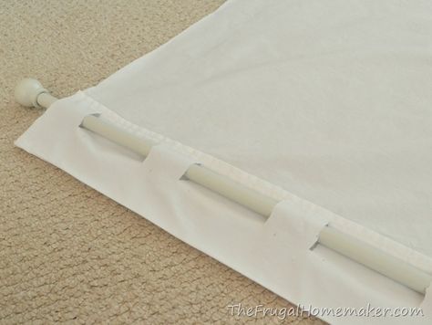 Easy peasy DIY How to make no-sew back-tab curtain from a sheet from the FrugalHomemaker.com.   Then hang them high and wide... Sewing Curtains, Sheet Curtains, Curtains Ideas, No Sew Curtains, Tab Curtains, Burlap Curtains, Plain Curtains, Drop Cloth Curtains, Farmhouse Curtains