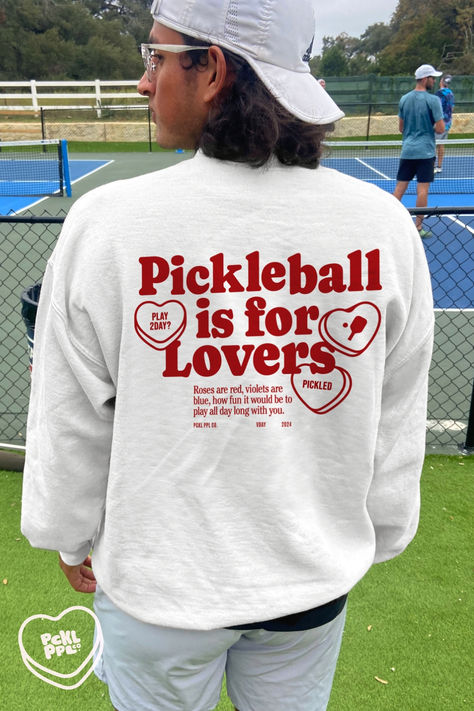 Spread the pickleball love with this fun Valentines day themed sweatshirt! Let everyone know you've been pickled by the sport with the fun classic 'pickleball is for lovers' design. Perfect for rec play, tournaments or anywhere you want to add some pickle-y flair 💕🏓 Pickleball Design, Pickleball Aesthetic, Tee Design Print, Volleyball T Shirt Designs, Sports Apparel Design, Pickleball Shirt, Valentines Outfits, Fleece Sweater, Club Shirts