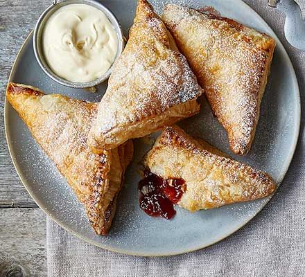 Jam turnovers Jam Turnovers, Puff Pastry Dessert Recipes, Pastry Dessert Recipes, Puff Pastry Recipes Dessert, Easy Jam, Turnover Recipes, Puff Pastry Desserts, Homemade Strawberry Jam, Bbc Good Food