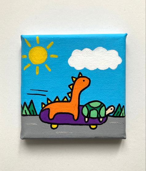 Cool Canvas Art Aesthetic, Easy Funny Canvas Painting, Dinasour Painting Canvas Easy, Silly Paintings On Canvas, Funny Mini Canvas Painting, Cute Funny Paintings, Quirky Painting Ideas, Cartoon Mini Canvas, Canvas Painting Ideas Funny