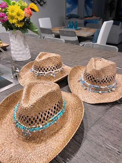 Coastal Cowgirl Beaded Hat, Country Concert Hats, Cowgirl Straw Hats, Cowgirl Hats With Beads, Costal Cowboy Hats, Country Concert Hat, Beachy Cowboy Hat, Cowboy Hat Beads, Cowgirl Hat Craft