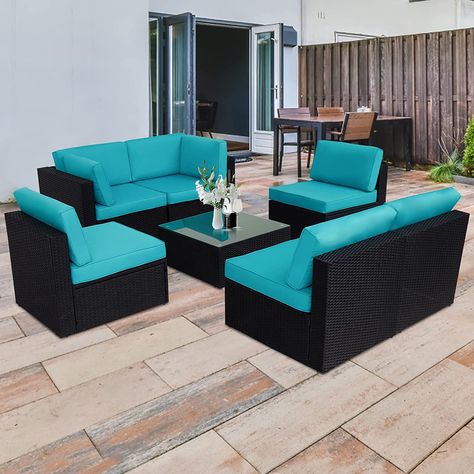 7 Pieces Outdoor Sectional Sofa, Outdoor Wicker Patio Furniture Set with Cushions, Turquoise Washable Couch, Outdoor Furniture Patio, Outdoor Wicker Patio Furniture, Sectional Patio Furniture, Glass Top Side Table, Sofa Outdoor, Wicker Patio Furniture Set, Patio Sets, Outside Furniture