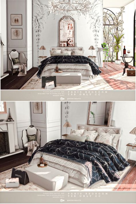 French Cc Sims 4, Sims 4 Vintage Bedroom, Sims 4 King Bed, Sims 4 Realistic Bedroom Cc, Sims 4 Posh Cc, Sims 4 Old Money Cc Furniture, Sims 4 Bedroom Download, Sims 4 Parisian Apartment, Sims 4 Paris Cc