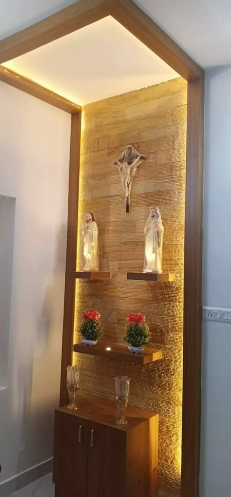 Latest prayer_room Design Ideas in NCR & Kerala, India Modern Altar Design Home Catholic, Catholic Altar Home Ideas, Wall Altar Ideas Catholic, Catholic Home Altar Ideas Living Rooms, Lcd Wall Design, Grotto Design, Altar Catholic, Home Altar Catholic, Custom Kitchen Remodel