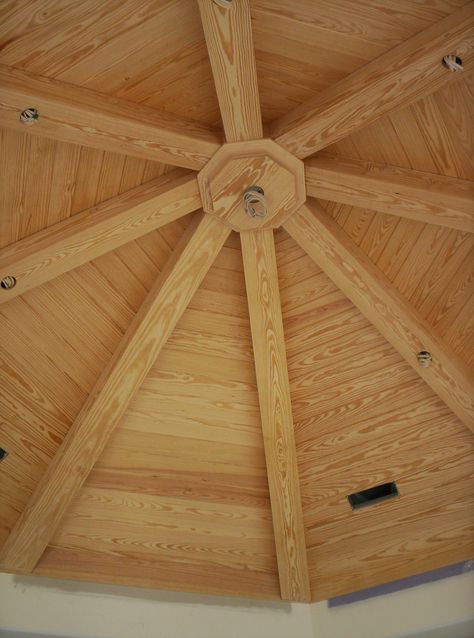 Octagonal T&G ceiling and beams Octagon Ceiling Design, Gazebo Ceiling Ideas, Octagon Room, Beams Ceiling, Farmers Porch, Ceiling Interior, Beam Ceiling, Board Ceiling, Gazebo Roof