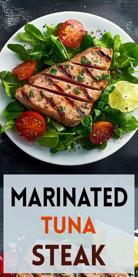 Ingredients: 4 tuna steaks 1/4 cup soy sauce 1/4 cup olive oil 1/4 cup fresh lemon juice 2 tablespoons chopped fresh parsley 1 clove garlic, minced 1/2 teaspoon dried oregano 1/2 teaspoon ground black pepper 1/4 teaspoon salt #Marinated #Tuna #Steak #Quickandeasyrecipe Recipe For Ahi Tuna Steaks, Tuna Steak Bowl Recipes, Aji Tuna Steak Recipe, Best Way To Cook Tuna Steak, Wild Tuna Steak Recipes, Tuna Steaks Marinade, Bbq Tuna Steak Recipes, Ahi Tuna Recipe Easy, Tuna Fillet Recipe Steaks