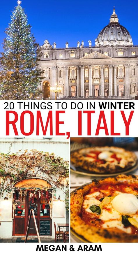 Are you looking for the best things to do in Rome in winter? This winter and Christmas in Rome travel guide will help you plan your trip! Learn more here! | Winter in Rome | Rome Christmas | Rome winter | Rome in December | Rome in January | Rome in February | Snow in Rome | Rome winter day trips | Day trips from Rome in winter | Things to do in Rome | What to do in Rome | Rome itinerary | Italy in winter | Italy at Christmas | Christmas in Italy Rome In February, Rome In January, Rome In Winter, Rome Christmas, Rome In December, Best Food In Rome, Christmas In Rome, Rome Winter, France Winter