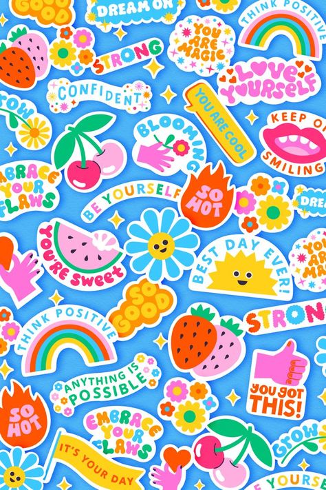 image featuring colourful, randomly placed stickers, some overlapping on a blue background Kids Package Design, Kids Graphic Design, Frida Art, Wallpaper Iphone Summer, Stickers Design, Iphone Wallpaper Images, Sticker Designs, Self Empowerment, Kids Stickers