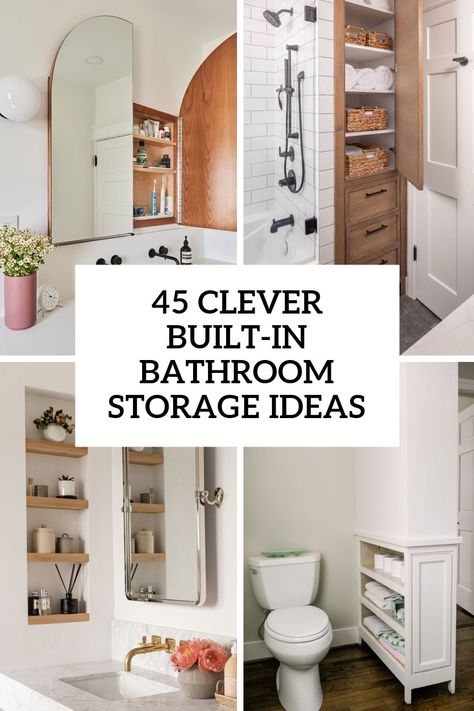 clever built in bathroom storage ideas Bathroom Cupboards Built In, Water Closet Storage Built Ins, Floor To Ceiling Shelves Bathroom, Built In Wall Cabinets Bathroom, Bathroom Diy Storage Ideas, Bathroom Nook Storage, Bathroom Storage Built Into Wall, Built In Bathroom Cabinet Ideas, Bathroom With Built In Storage