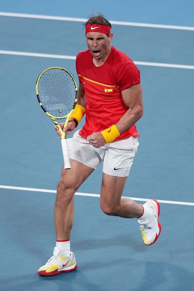 10 January 2020: Rafael Nadal of Spain celebrates winning a point during his quarter final singles match against David Goffin of Belgium during day eight of the 2020 ATP Cup at Ken Rosewall Arena on January 10, 2020 in Sydney, Australia. Ken Rosewall, David Goffin, Rafa Nadal, January 10, Rafael Nadal, Sydney Australia, Tennis Racket, Belgium, Sydney