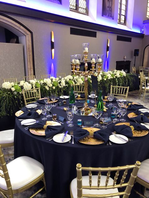 Navy And White Wedding Table, Top Table Arrangement, Navy Gold Wedding, Navy Blue And Gold Wedding, New Years Ball, Cocktail Party Decor, Navy Decor, Quinceanera Cakes, Hello Goodbye