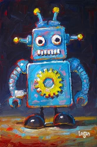 Daily Paintworks - "Wind Up Robot Blue" - Original Fine Art for Sale - © Raymond Logan Lego Art Drawing, Raymond Logan, Vintage Robot Art, Lego Painting, Toy Painting, Eric Joyner, Robots Art, Robot Painting, Kids Art Ideas