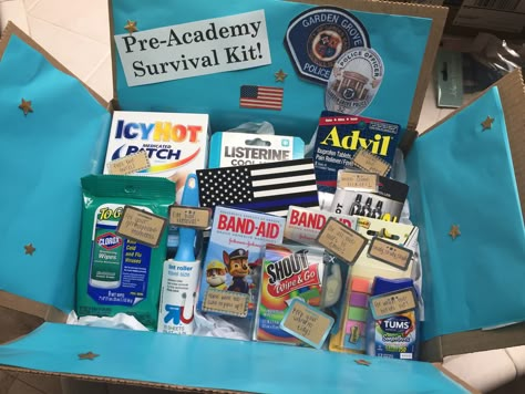 Pre-Academy Police Survival Kit Police Academy Care Package, Police Academy Prep, Police Officer Gift Basket, Police Academy Survival Kit, Police Gift Basket, Sheriff Academy Graduation Party, New Job Survival Kit, Police Academy Graduation Gift, New Job Quotes