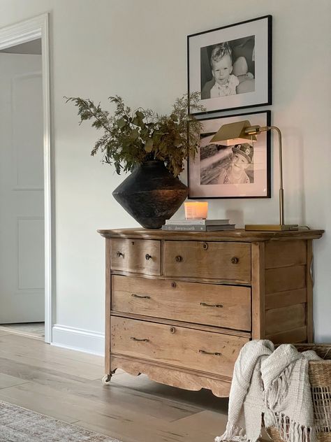 Top Of File Cabinet Decor, Antique Dresser Living Room, Small Dresser Styling, Limewash Dresser, Living Room Dresser Ideas, Dresser Under Tv, Vintage Wood Dresser, Dresser Decor Ideas, Living Room Dresser