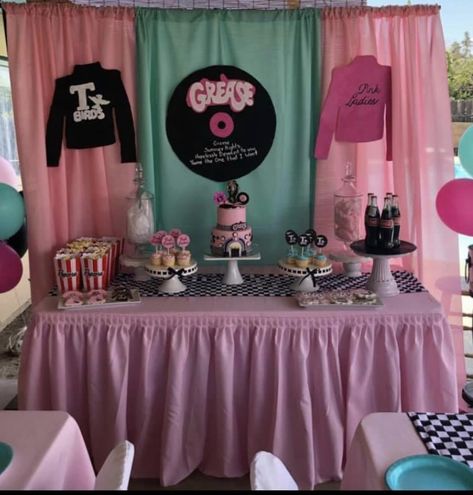 Grease backdrop Grease Balloon Garland, Pink Ladies Grease Theme Party, Grease Theme 1st Birthday Party, Grease Movie Theme Party, Grease Theme Party Ideas, Grease First Birthday Party, Grease Gender Reveal, Grease Bachelorette Party, Grease First Birthday