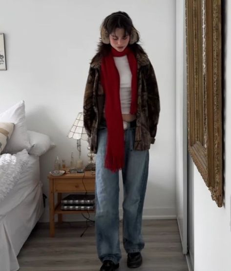 Winter Coat Outfits Aesthetic, Frazzled English Woman Outfits Winter, 80s Outfits Fall, Frazzled English Woman Outfit Ideas, Kate Brock Winter Outfits, Sweater With Dress Outfit, Red Scarf Outfit Winter, Rock Chick Outfits, England Winter Outfits