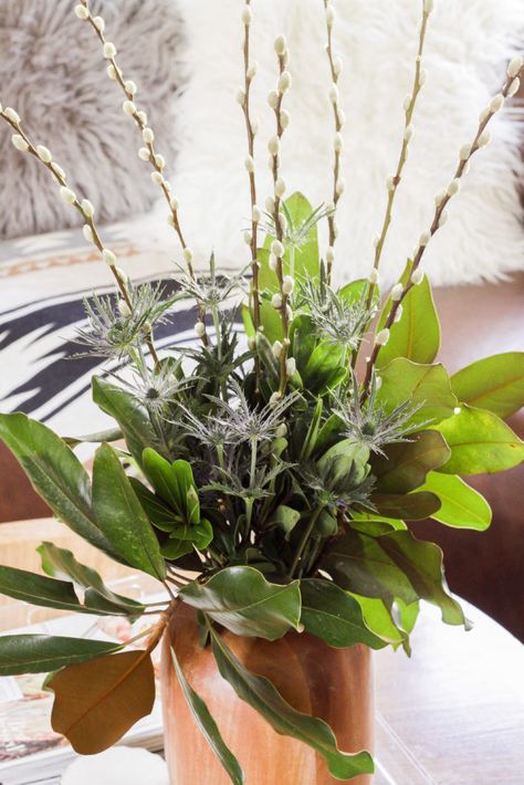 how to create a simple, easy, and inexpensive moody spring floral centerpiece arrangement using trader joe\'s bouquets and yard finds. #bouquet #freshflowers #floralarranging #floralarrangement #pussywillow Tulips Arrangement, Spring Flower Arrangements, Spring Floral Arrangements, Eucalyptus Garland, Faux Flower Arrangements, Magnolia Leaves, Floral Centerpiece, Kids Growing Up, Beautiful Flower Arrangements