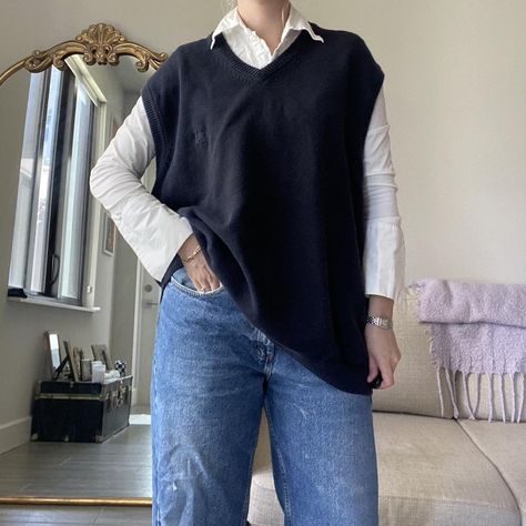 Oversized navy sweater vest

Details:
Chunky navy... - Depop How To Style Blue Sweater Vest, Navy Blue Sweater Vest Outfit, Navy Sweater Vest Outfit, Blue Vest Outfits For Women, Navy Blue Vest Outfit, Navy Vest Outfit, Vest Outfits For Women Winter, Knit Vest Outfits For Women, Blue Vest Outfit