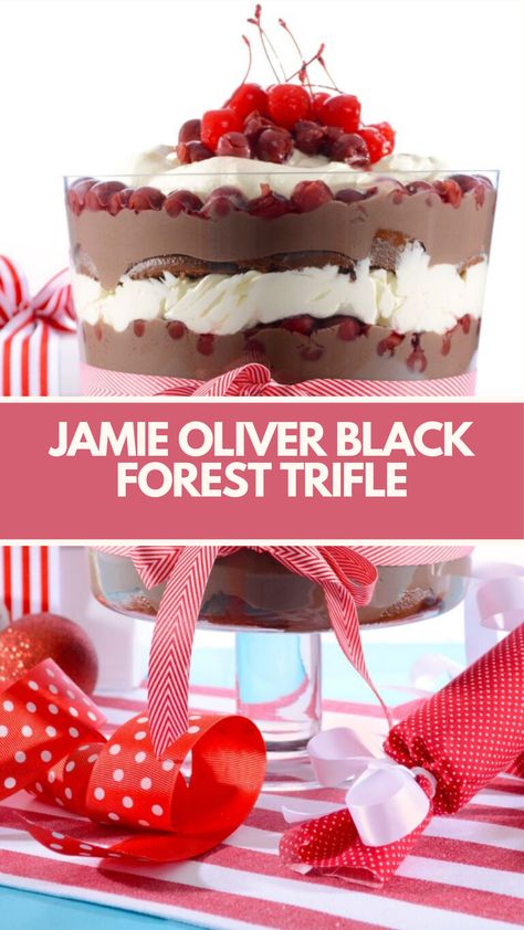 Jamie Oliver Black Forest Trifle is made with cherries in syrup, dark chocolate, gelatine, custard, hazelnuts, double cream, vanilla bean paste, icing sugar, and panettone. This decadent Jamie Oliver recipe creates a luxurious dessert that takes about 5 hours to prepare and can serve up to 10 people. Black Forest Trifle Recipe, Christmas Trifle Recipes, Black Forest Trifle, Cherry Trifle, Easy Christmas Cake Recipe, Christmas Trifle, Vanilla Bean Paste, Trifle Dish, Chocolate Custard