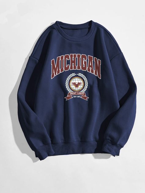 Navy Blue Casual  Long Sleeve Cotton Letter Pullovers  Slight Stretch Fall/Winter Women Sweatshirts Michigan Sweatshirt, Navy Blue Sweatshirt, Estilo Grunge, Eagle Print, Women Sweatshirts, Blue Crewneck, Round Neck Sweatshirts, Winter Sweatshirt, Blue Sweatshirt