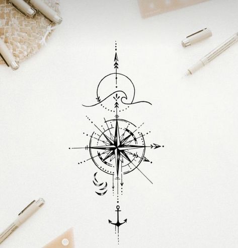 Compass Arrow Tattoo Design, Beach Compass Tattoo Design, Compas Tattoo Designs Simple, Nautical Line Tattoo, Nautical Tattoo Ideas For Women, Compass Line Tattoo, Compass And Anchor Tattoo Feminine, Feminine Nautical Tattoo, Nautical Compass Tattoo Feminine