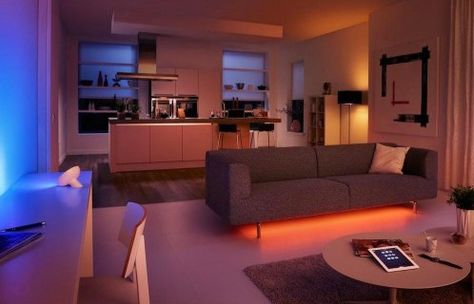 Philips Hue pas je volledig aan naar je eigen wensen en smaak. Verkrijgbaar bij Ravago Fashion & Home Led Lights In Apartment, Phillips Hue Lighting, House Fever, Phillips Hue, Philips Hue Lights, Hue Lights, Dekorasi Kamar Tidur, Mood Lighting, Philips Hue