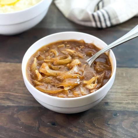 Onion Gravy Onion Gravy Recipe, Soup Making, Onion Gravy, Gravy Sauce, Ingredient List, Gravy Recipe, Vegan Soups, Onion Soup Mix, Gravy Recipes