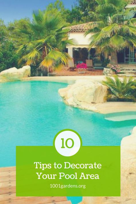 10 Tips to Decorate Your Pool Area via @1001Gardens Pool Decoration Ideas, Vegetable Water, Pool Decorations, Hot Tub Patio, Gutter Garden, Landscaping Around Trees, Landscape Pavers, Hot Tub Deck, Landscaping Retaining Walls