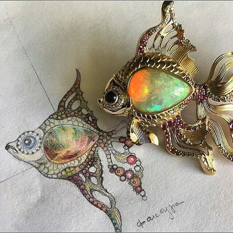 Fish brooch via platonov_jewellery. Jewellery Painting, Brooch Design, Katerina Perez, Jewelry Rendering, Vintage Wedding Photography, Cowry Shell, Fish Jewelry, Seashell Pendants, Jewelry Illustration