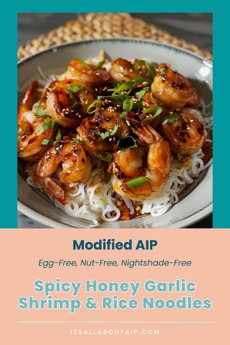 Skip the Takeout with this Modified AIP Spicy Honey Garlic Shrimp with Rice Noodles Recipe!  #GlutenFree #EggFree #NightshadeFree #NutFree #AIP Shrimp With Rice Noodles, Shrimp With Rice, Shrimp Rice Noodles, Rice Noodles Recipe, Honey Garlic Shrimp, Rice Noodle Recipes, Homemade Taco Seasoning Mix, Flavorful Shrimp, Aip Paleo Recipes