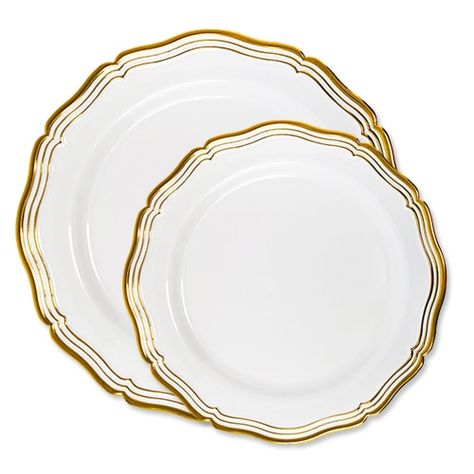 China Decor, Gold Utensils, Rose Gold Rims, Disposable Plastic Plates, Gold Plates, Gold Inspiration, Wedding Tableware, Wedding Plates, White Dinner Plates