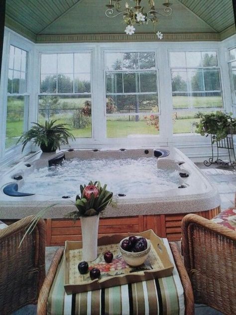 Hot Tub In Conservatory, Indoor Hot Tub Room, Hot Tub Sunroom, Sunroom With Hot Tub, Enclosed Hot Tub, Whirlpool Deck, Hot Tub Ideas, Tub Room, Hot Tub Landscaping